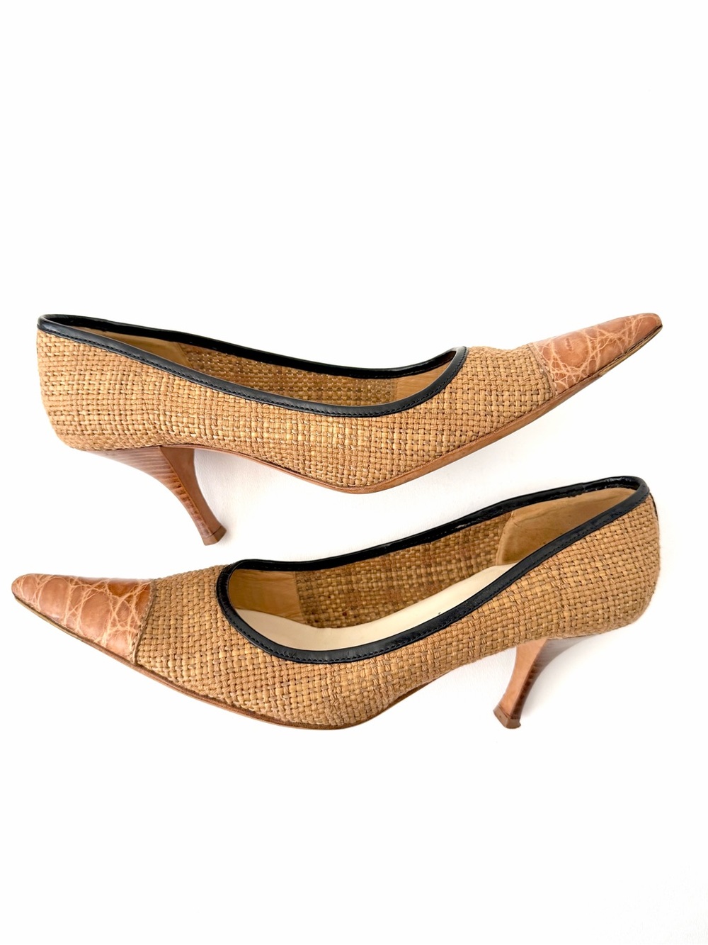 PRADA | Vintage Raffia Woven Leather Tan Pointed Toe Kitten Heel Pumps EU 37 - Picture 6 of 14